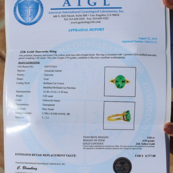 Certified Tsavorite 5.02ct Solid 22K Gold Ring - Picture 10 of 11